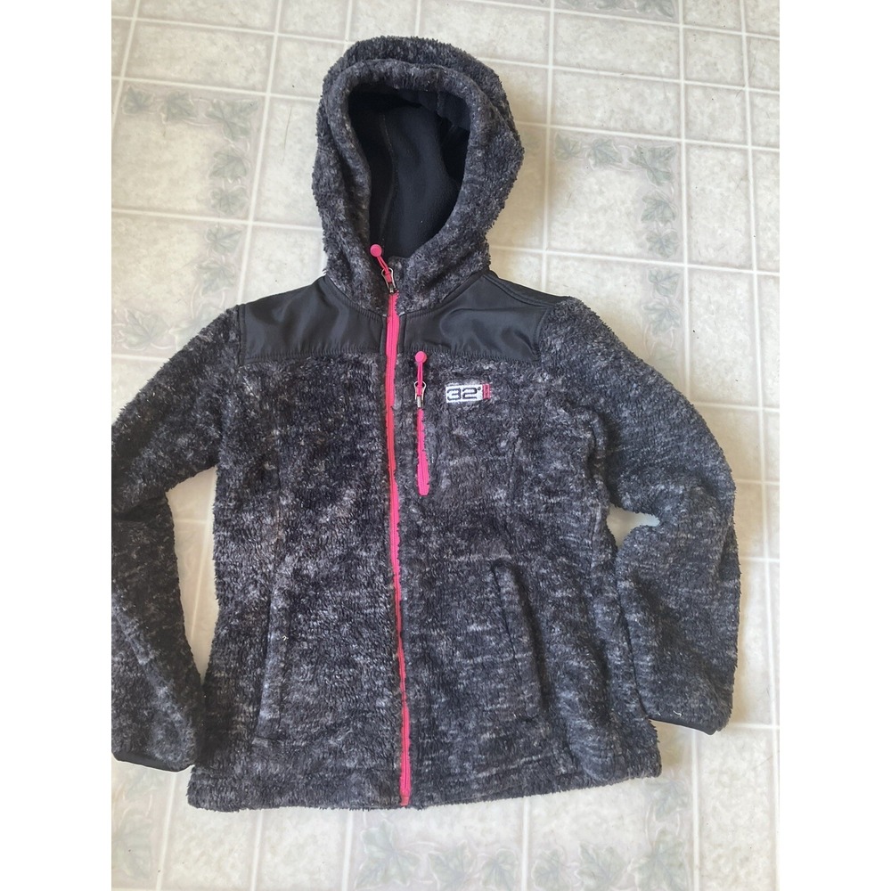 32 Degrees Kids Black with Pink Accents Full Zip Sherpa Hooded Jacket Size 7/8